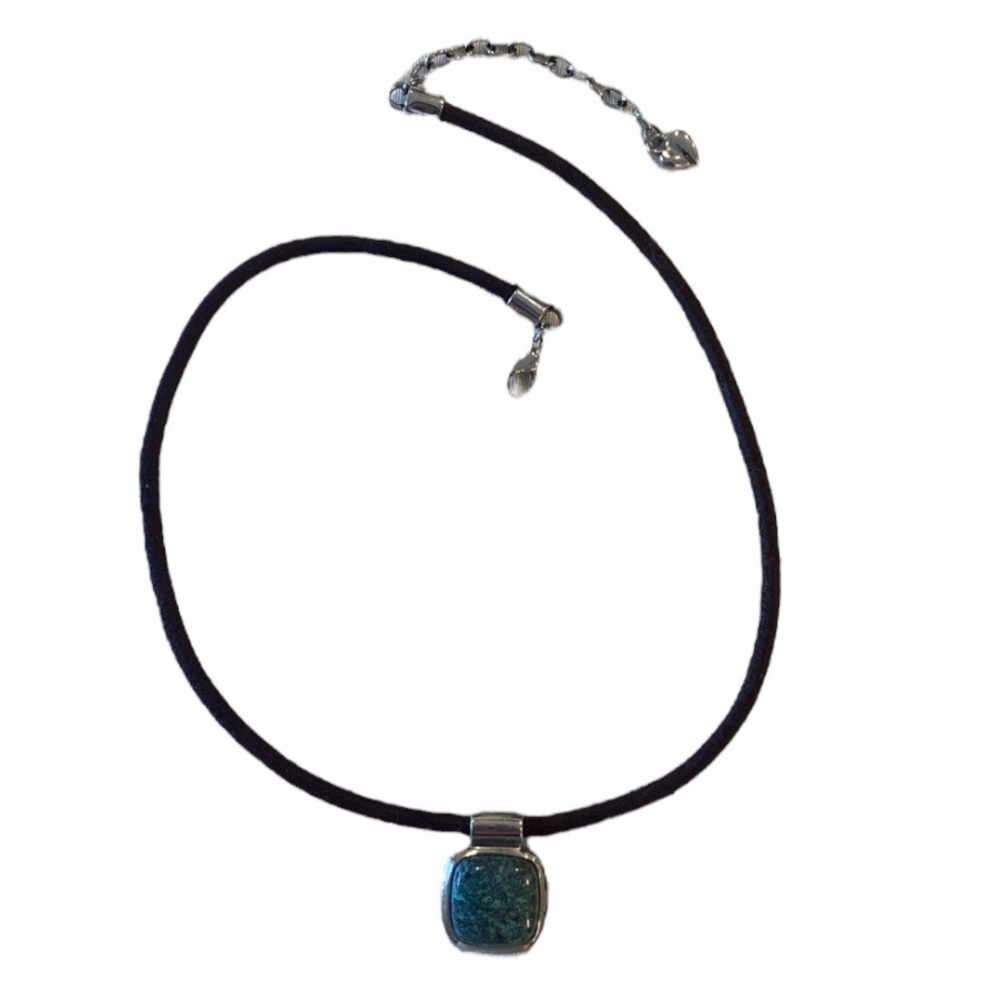 Carolee Blue-green Stone Necklace, Leather Band and Silver accents